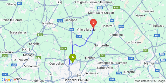 Map: Charleroi Airport Brussels South (CRL) to Mellery