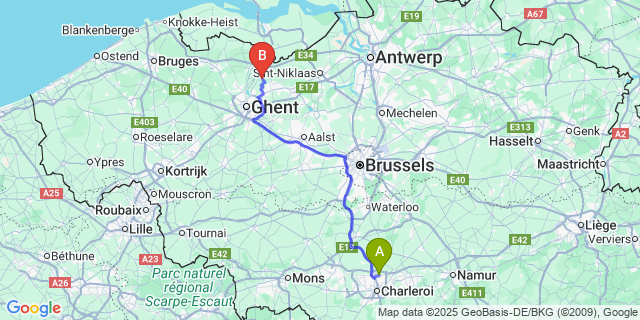 Map: Charleroi Airport Brussels South (CRL) to Mendonk