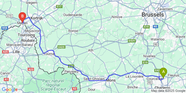 Map: Charleroi Airport Brussels South (CRL) to Menen