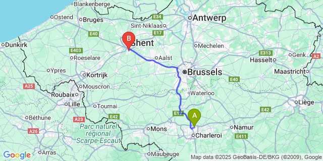 Map: Charleroi Airport Brussels South (CRL) to Merelbeke