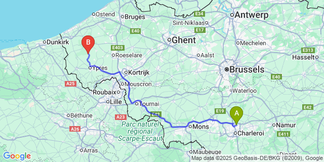 Map: Charleroi Airport Brussels South (CRL) to Merkem