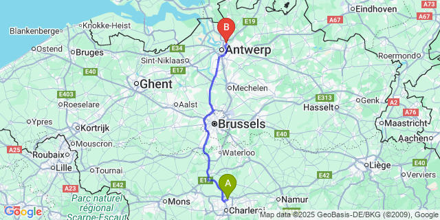 Map: Charleroi Airport Brussels South (CRL) to Merksem