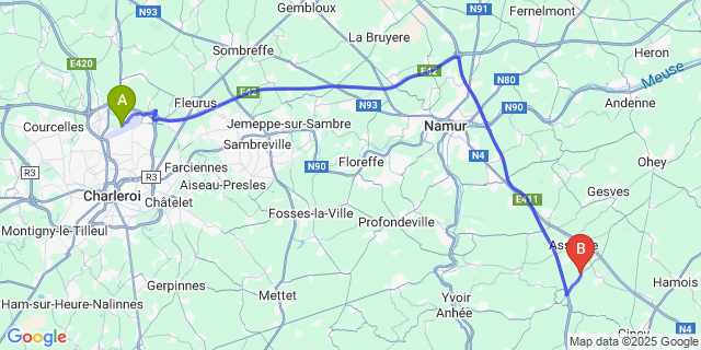 Map: Charleroi Airport Brussels South (CRL) to Mianoye