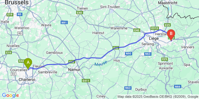 Map: Charleroi Airport Brussels South (CRL) to Micheroux