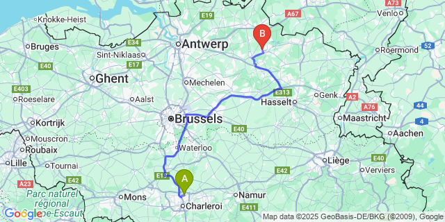 Map: Charleroi Airport Brussels South (CRL) to Millegem