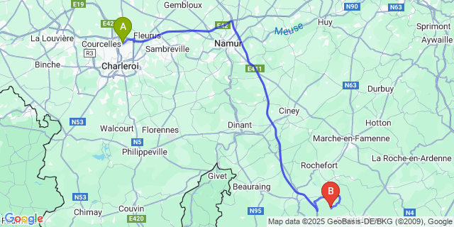 Map: Charleroi Airport Brussels South (CRL) to Mirwart