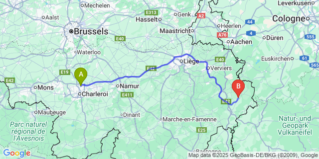 Map: Charleroi Airport Brussels South (CRL) to Moderscheid