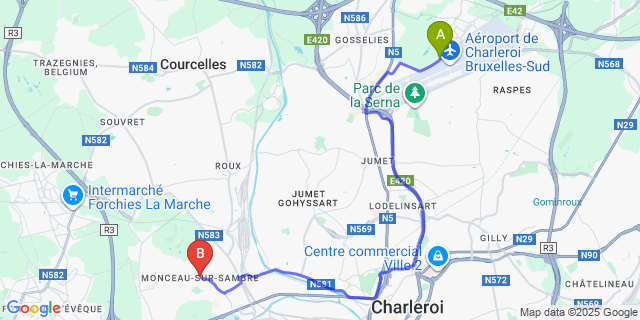 Map: Charleroi Airport Brussels South (CRL) to Monceau-Sur-Sambre