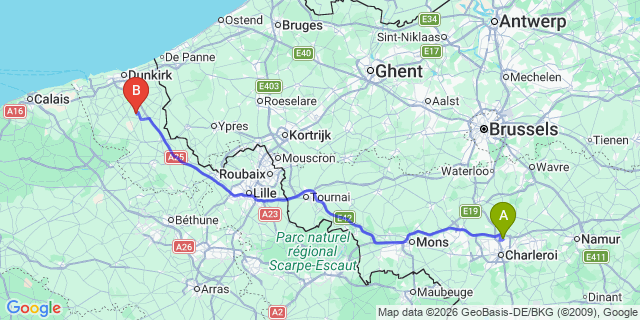 Map: Charleroi Airport Brussels South (CRL) to Montreuil