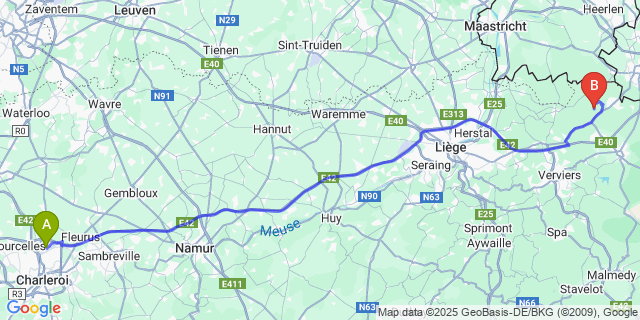 Map: Charleroi Airport Brussels South (CRL) to Montzen