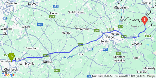 Map: Charleroi Airport Brussels South (CRL) to Montzen-Gare
