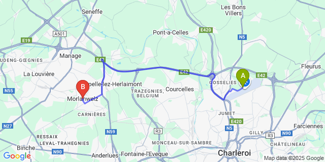 Map: Charleroi Airport Brussels South (CRL) to Morlanwelz-Mariemont