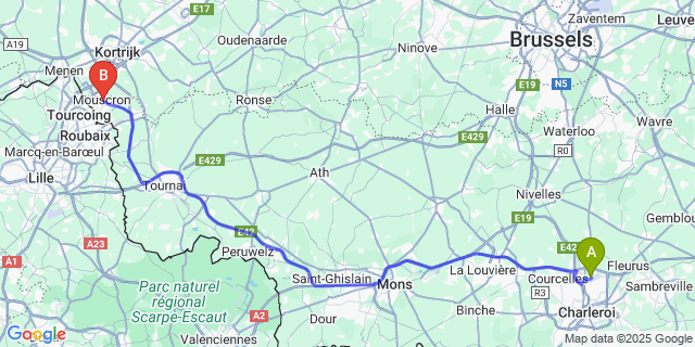 Map: Charleroi Airport Brussels South (CRL) to Mouscron