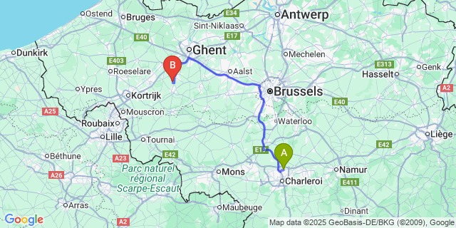 Map: Charleroi Airport Brussels South (CRL) to Mullem