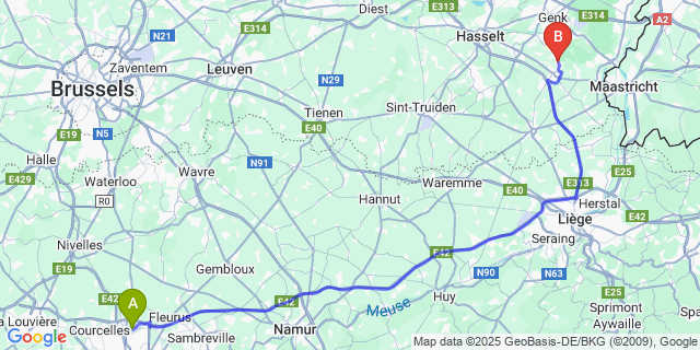 Map: Charleroi Airport Brussels South (CRL) to Munsterbilzen