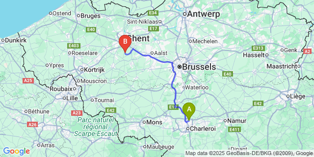 Map: Charleroi Airport Brussels South (CRL) to Munte