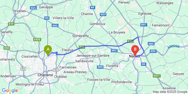 Map: Charleroi Airport Brussels South (CRL) to Namur