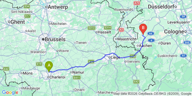 Map: Charleroi Airport Brussels South (CRL) to Nancy