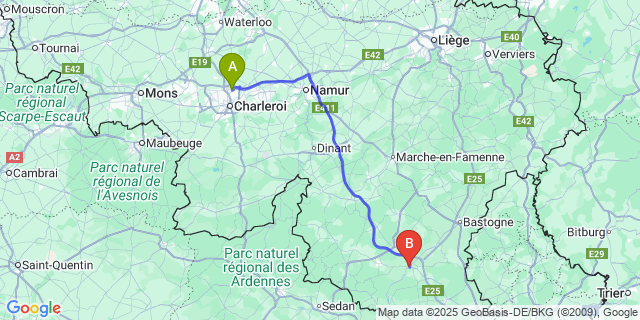Map: Charleroi Airport Brussels South (CRL) to Neufchâteau