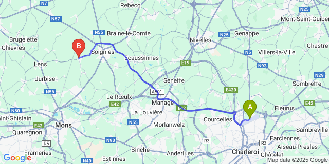 Map: Charleroi Airport Brussels South (CRL) to Neufvilles