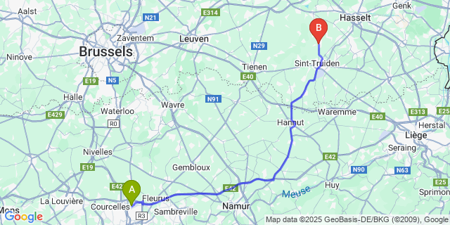 Map: Charleroi Airport Brussels South (CRL) to Nieuwerkerken