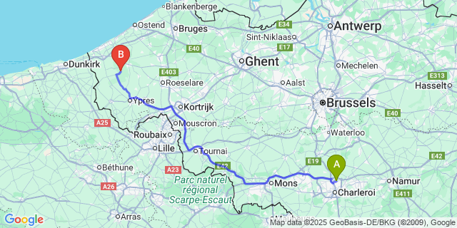 Map: Charleroi Airport Brussels South (CRL) to Nieuwkapelle