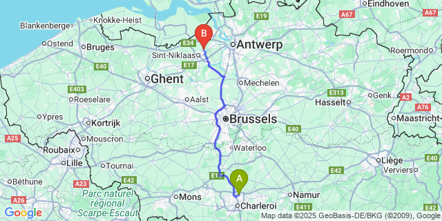 Map: Charleroi Airport Brussels South (CRL) to Nieuwkerken-Waas