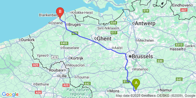 Map: Charleroi Airport Brussels South (CRL) to Nieuwmunster