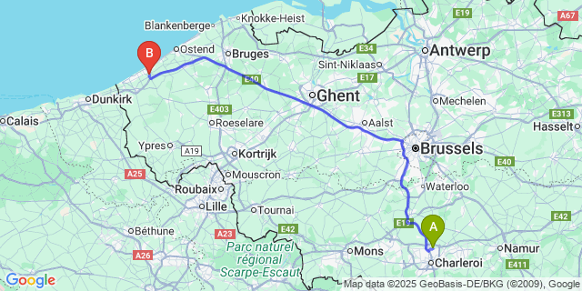 Map: Charleroi Airport Brussels South (CRL) to Nieuwpoort