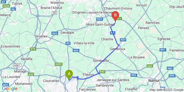 Map: Charleroi Airport Brussels South (CRL) to Nil-Saint-Vincent-Saint-Martin