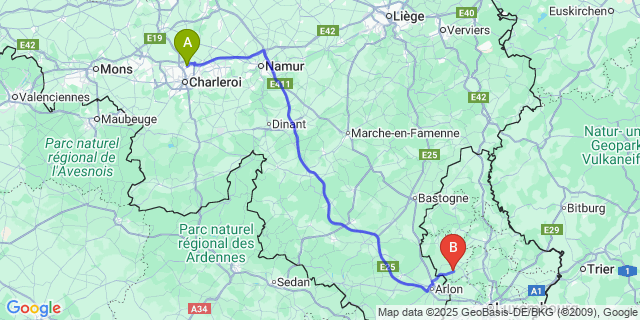 Map: Charleroi Airport Brussels South (CRL) to Noedange