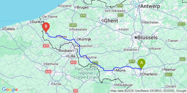 Map: Charleroi Airport Brussels South (CRL) to Noeux-les-Mines