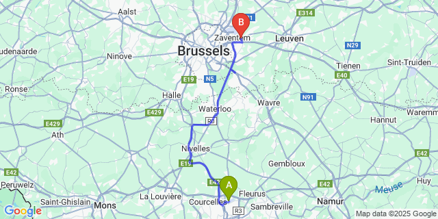 Map: Charleroi Airport Brussels South (CRL) to Nossegem