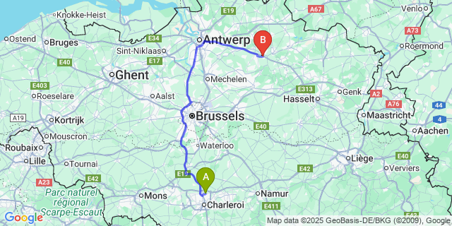 Map: Charleroi Airport Brussels South (CRL) to Oevel