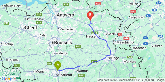 Map: Charleroi Airport Brussels South (CRL) to Olmen