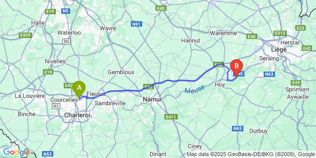 Map: Charleroi Airport Brussels South (CRL) to Ombret-Rawsa