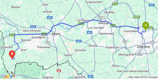 Map: Charleroi Airport Brussels South (CRL) to Onnezies