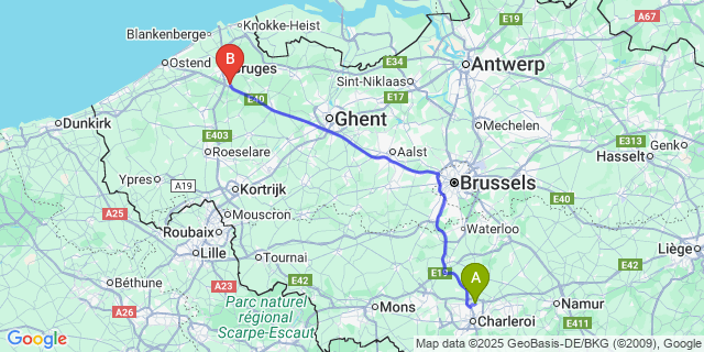 Map: Charleroi Airport Brussels South (CRL) to Oostkamp