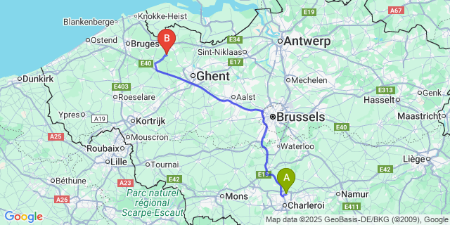 Map: Charleroi Airport Brussels South (CRL) to Oostwinkel