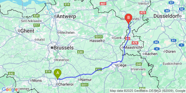 Map: Charleroi Airport Brussels South (CRL) to Ophoven