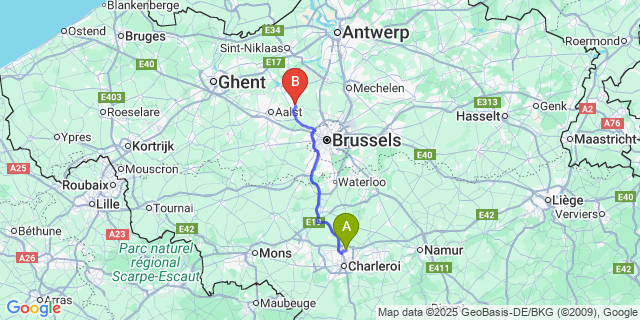 Map: Charleroi Airport Brussels South (CRL) to Opwijk