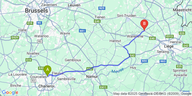 Map: Charleroi Airport Brussels South (CRL) to Oreye