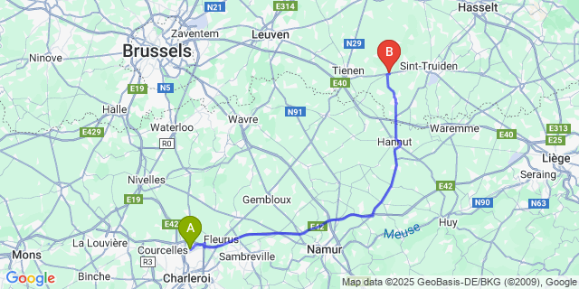 Map: Charleroi Airport Brussels South (CRL) to Orsmaal-Gussenhoven