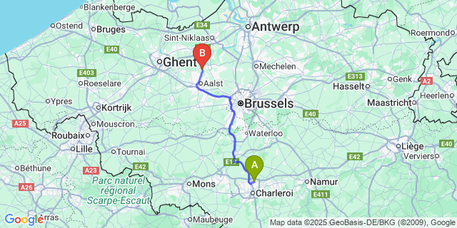 Map: Charleroi Airport Brussels South (CRL) to Oudegem