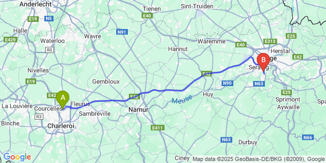 Map: Charleroi Airport Brussels South (CRL) to Ougrée