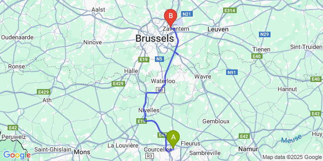Map: Charleroi Airport Brussels South (CRL) to Pentahotel Brussels Airport
