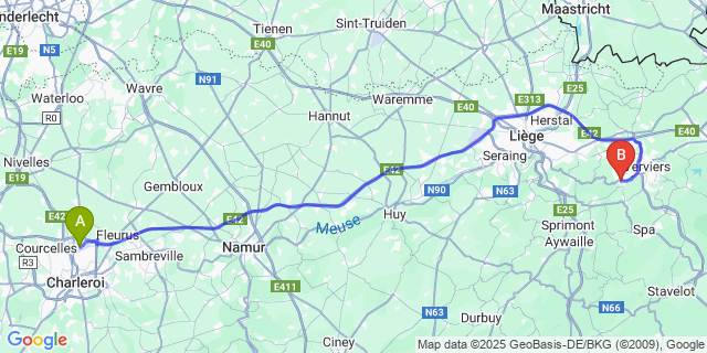 Map: Charleroi Airport Brussels South (CRL) to Pepinster