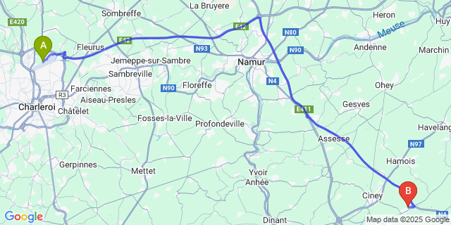 Map: Charleroi Airport Brussels South (CRL) to Pessoux