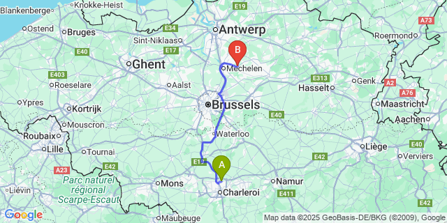 Map: Charleroi Airport Brussels South (CRL) to Peulis