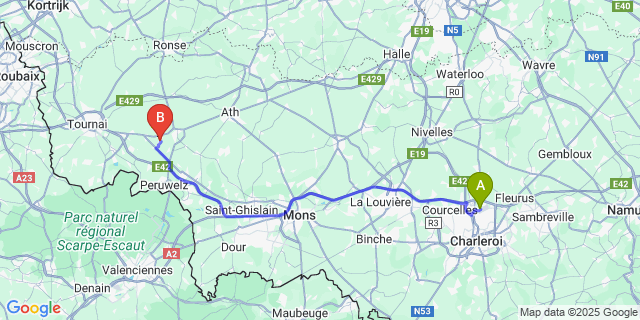Map: Charleroi Airport Brussels South (CRL) to Pipaix